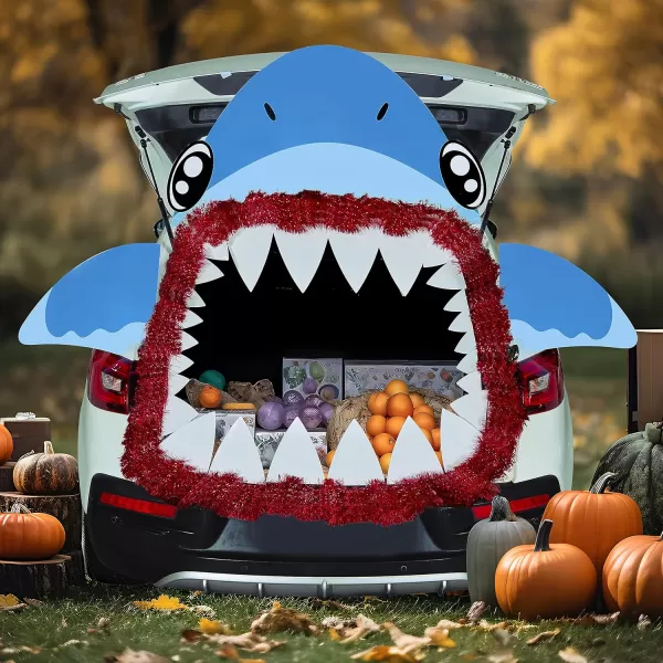 JOYIN Halloween Shark Trunk or Treat Decorations Kit for SUV Car Archway Garage Door Decoration Car Stickers Shark Paperboard Tassels DoubleSided Tapes Halloween Decoration Outside