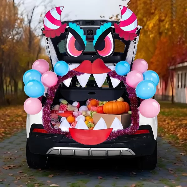JOYIN Halloween Trunk Or Treat Car Decorations Kit With Pink Monster Design Car Archway Garage Decoration Haunted House Horns Mouth Eyes Balloons Tinsel Streamer Garland Halloween Decorations Outside