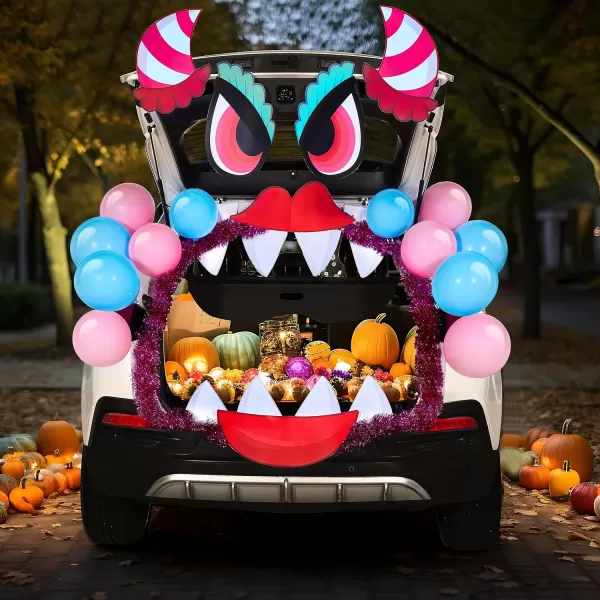 JOYIN Halloween Trunk Or Treat Car Decorations Kit With Pink Monster Design Car Archway Garage Decoration Haunted House Horns Mouth Eyes Balloons Tinsel Streamer Garland Halloween Decorations Outside