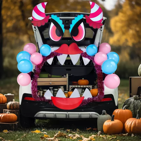 JOYIN Halloween Trunk Or Treat Car Decorations Kit With Pink Monster Design Car Archway Garage Decoration Haunted House Horns Mouth Eyes Balloons Tinsel Streamer Garland Halloween Decorations Outside