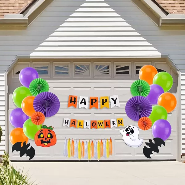 JOYIN Halloween Trunk or Treat Car Decorations Kit with Happy Halloween Themed Design Car Archway Garage Decoration with Happy Halloween Banner Paper Fans Balloons Tassel and Pumpkin Stickers