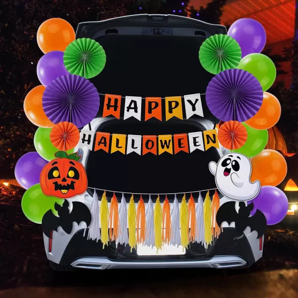 JOYIN Halloween Trunk or Treat Car Decorations Kit with Happy Halloween Themed Design Car Archway Garage Decoration with Happy Halloween Banner Paper Fans Balloons Tassel and Pumpkin Stickers