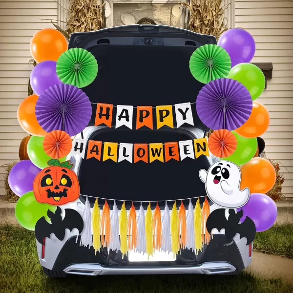 JOYIN Halloween Trunk or Treat Car Decorations Kit with Happy Halloween Themed Design Car Archway Garage Decoration with Happy Halloween Banner Paper Fans Balloons Tassel and Pumpkin Stickers