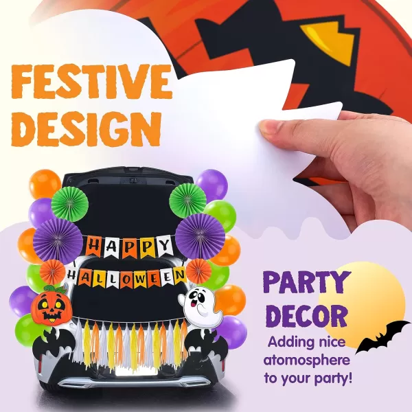JOYIN Halloween Trunk or Treat Car Decorations Kit with Happy Halloween Themed Design Car Archway Garage Decoration with Happy Halloween Banner Paper Fans Balloons Tassel and Pumpkin Stickers