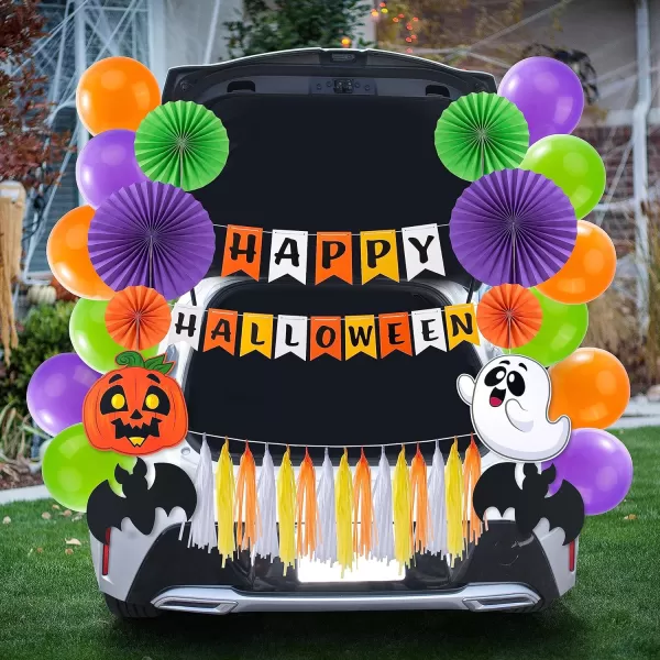 JOYIN Halloween Trunk or Treat Car Decorations Kit with Happy Halloween Themed Design Car Archway Garage Decoration with Happy Halloween Banner Paper Fans Balloons Tassel and Pumpkin Stickers