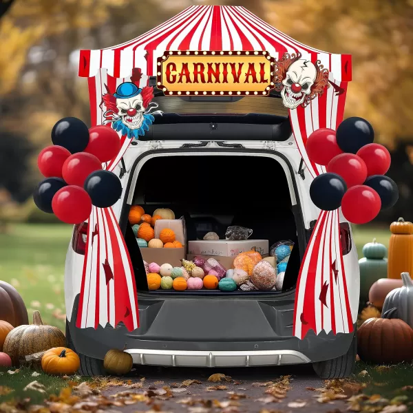 JOYIN Trunk Or Treat Car Decorations Kit for SUV Halloween Decorations Outdoor Circus Carnival Clown Decor Balloons LED Lights Car Stickers Treat or Trick Haunted House Door Archway Entryway Boards