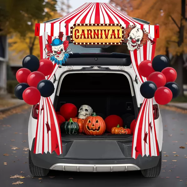 JOYIN Trunk Or Treat Car Decorations Kit for SUV Halloween Decorations Outdoor Circus Carnival Clown Decor Balloons LED Lights Car Stickers Treat or Trick Haunted House Door Archway Entryway Boards