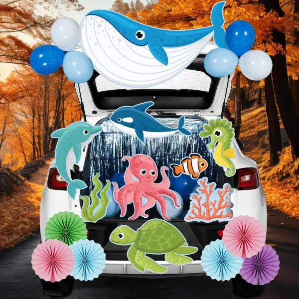 JOYIN Trunk Or Treat Car Decorations Kit for SUV Halloween Decorations Outdoor Halloween Decor Ocean Sea Animals Balloons Shark Seaweed Turtle Octopus Whale Dolphin Car Stickers Door Archway Entryway
