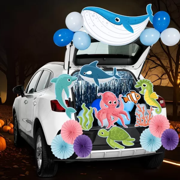 JOYIN Trunk Or Treat Car Decorations Kit for SUV Halloween Decorations Outdoor Halloween Decor Ocean Sea Animals Balloons Shark Seaweed Turtle Octopus Whale Dolphin Car Stickers Door Archway Entryway