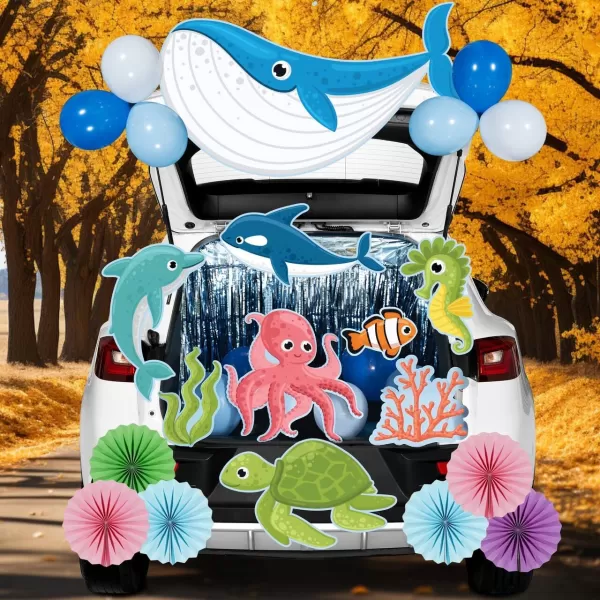 JOYIN Trunk Or Treat Car Decorations Kit for SUV Halloween Decorations Outdoor Halloween Decor Ocean Sea Animals Balloons Shark Seaweed Turtle Octopus Whale Dolphin Car Stickers Door Archway Entryway