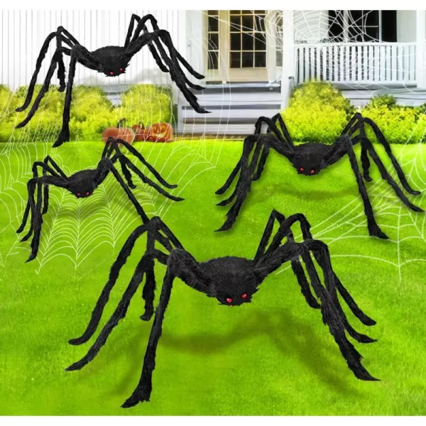 JOYIN 4 Packs Halloween Outdoor Decorations Hairy Spider Set Realistic Scary Fake Spider Hairy Spider Prop for for Halloween Yard Decorations Party Decor Black One 4725quot Two 355quot and One 295quot