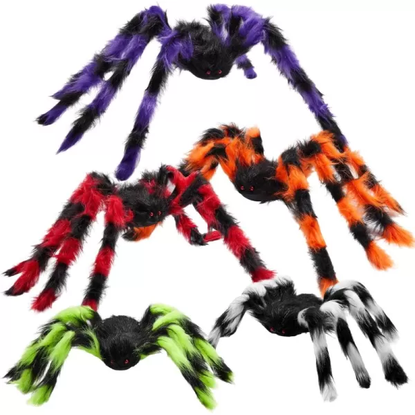 JOYIN Colorful Halloween Spiders Set 5 Pcs Giant Striped Hairy Spider Props Scary Spiders with Different Sizes for Halloween Indoor Outdoor Decorations Party Supplies 35quot 25quot 25quot 17quot 17quot