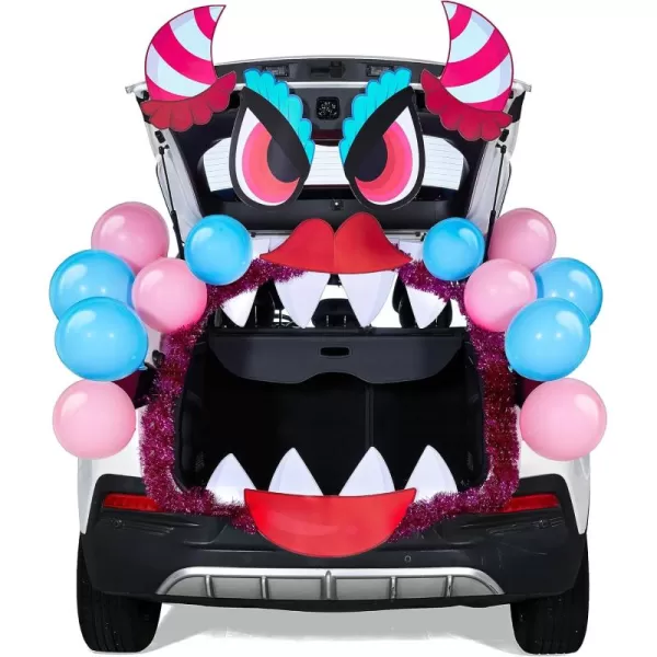 JOYIN Halloween Trunk Or Treat Car Decorations Kit With Pink Monster Design Car Archway Garage Decoration Haunted House Horns Mouth Eyes Balloons Tinsel Streamer Garland Halloween Decorations Outside