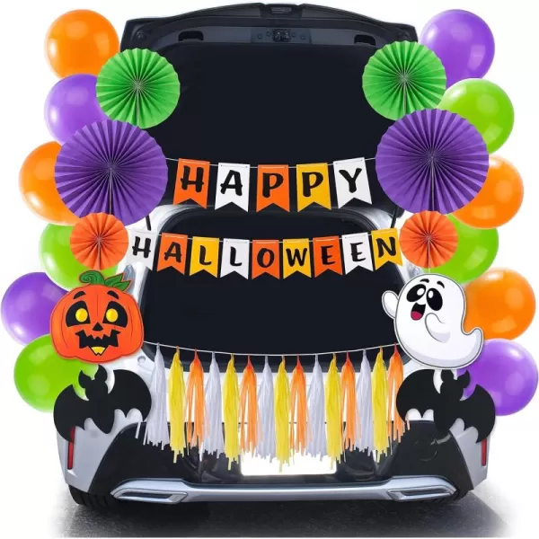 JOYIN Halloween Trunk or Treat Car Decorations Kit with Happy Halloween Themed Design Car Archway Garage Decoration with Happy Halloween Banner Paper Fans Balloons Tassel and Pumpkin Stickers