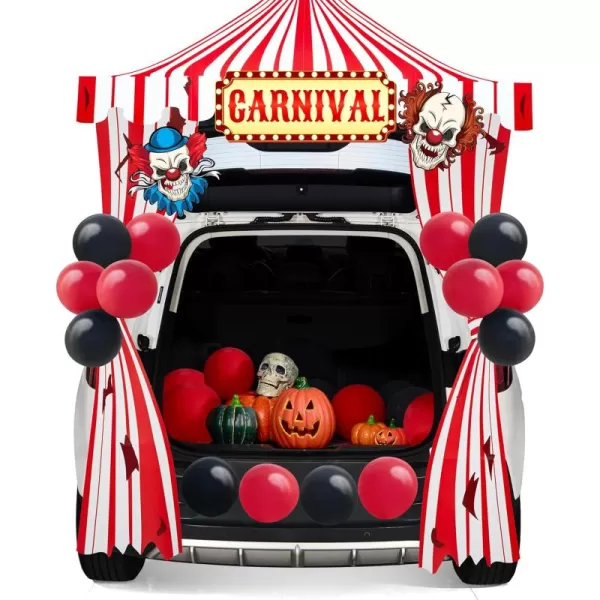 JOYIN Trunk Or Treat Car Decorations Kit for SUV Halloween Decorations Outdoor Circus Carnival Clown Decor Balloons LED Lights Car Stickers Treat or Trick Haunted House Door Archway Entryway Boards