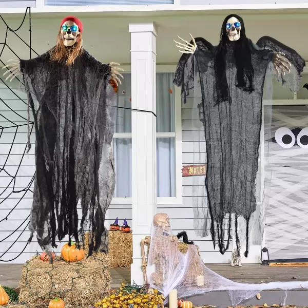 JOYIN 2 Pcs 40quot Halloween Hanging Ghost Decorations Outdoor Halloween Skeleton Ghosts Decor One Flying Grim Reaper and One Skeleton Pirate with LED Flashing Eyes for Halloween Yard Patio Porch Decor