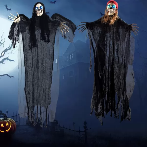 JOYIN 2 Pcs 40quot Halloween Hanging Ghost Decorations Outdoor Halloween Skeleton Ghosts Decor One Flying Grim Reaper and One Skeleton Pirate with LED Flashing Eyes for Halloween Yard Patio Porch Decor