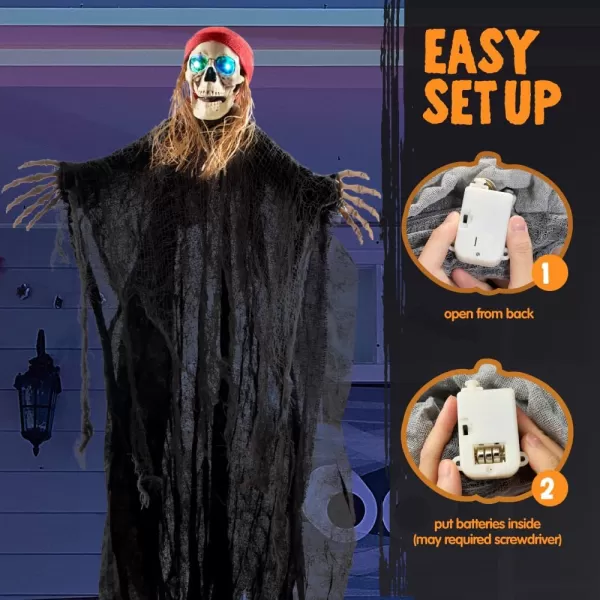 JOYIN 2 Pcs 40quot Halloween Hanging Ghost Decorations Outdoor Halloween Skeleton Ghosts Decor One Flying Grim Reaper and One Skeleton Pirate with LED Flashing Eyes for Halloween Yard Patio Porch Decor