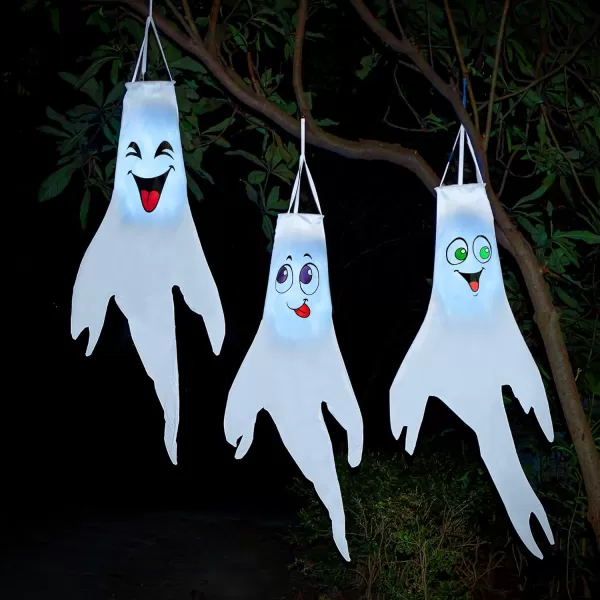 JOYIN 3 Pcs 47 Lighted Ghost Windsock Flag Decor Halloween Decorations Outdoor LED Lights White Hanging Windsocks Halloween Party Supplies Tree Yard Lawn Garden Cute Scary