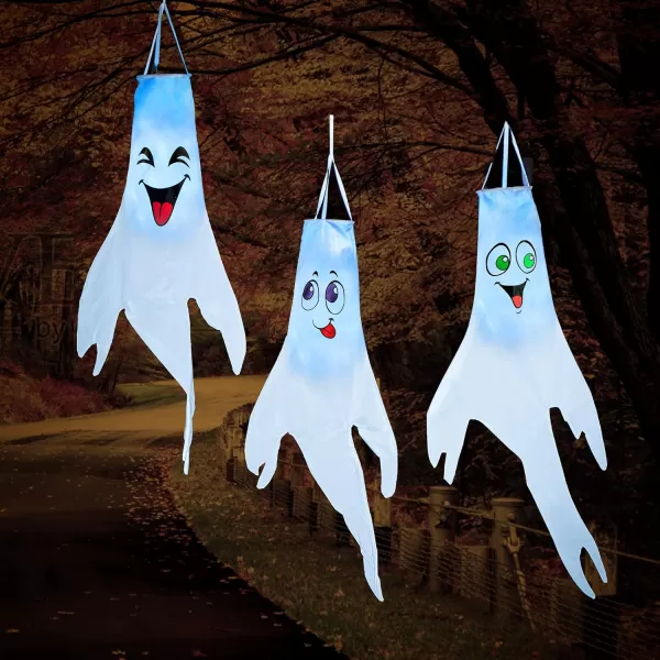 JOYIN 3 Pcs 47 Lighted Ghost Windsock Flag Decor Halloween Decorations Outdoor LED Lights White Hanging Windsocks Halloween Party Supplies Tree Yard Lawn Garden Cute Scary