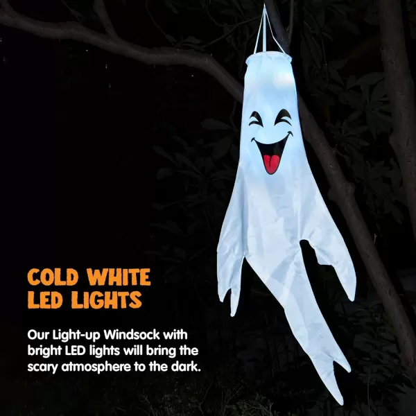 JOYIN 3 Pcs 47 Lighted Ghost Windsock Flag Decor Halloween Decorations Outdoor LED Lights White Hanging Windsocks Halloween Party Supplies Tree Yard Lawn Garden Cute Scary