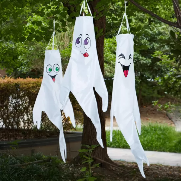 JOYIN 3 Pcs 47 Lighted Ghost Windsock Flag Decor Halloween Decorations Outdoor LED Lights White Hanging Windsocks Halloween Party Supplies Tree Yard Lawn Garden Cute Scary