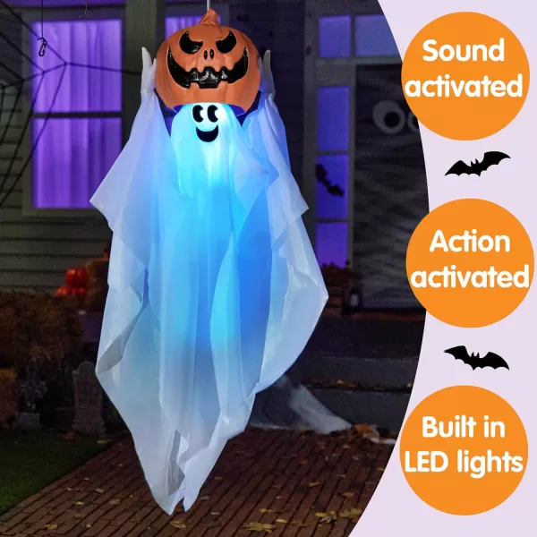 JOYIN 35quot Halloween Decorations Outdoor Hanging Light Up Ghost Hanging HideandSeek Ghost with Blue LED Pumpkin Animated Ghost Sound Activated ampamp Motion Halloween Decor for Yard Lawn Prop Indoor