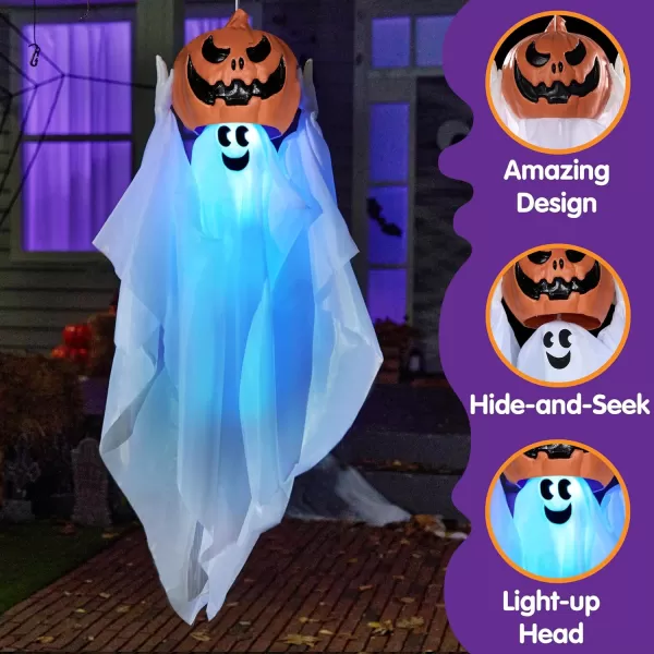 JOYIN 35quot Halloween Decorations Outdoor Hanging Light Up Ghost Hanging HideandSeek Ghost with Blue LED Pumpkin Animated Ghost Sound Activated ampamp Motion Halloween Decor for Yard Lawn Prop Indoor