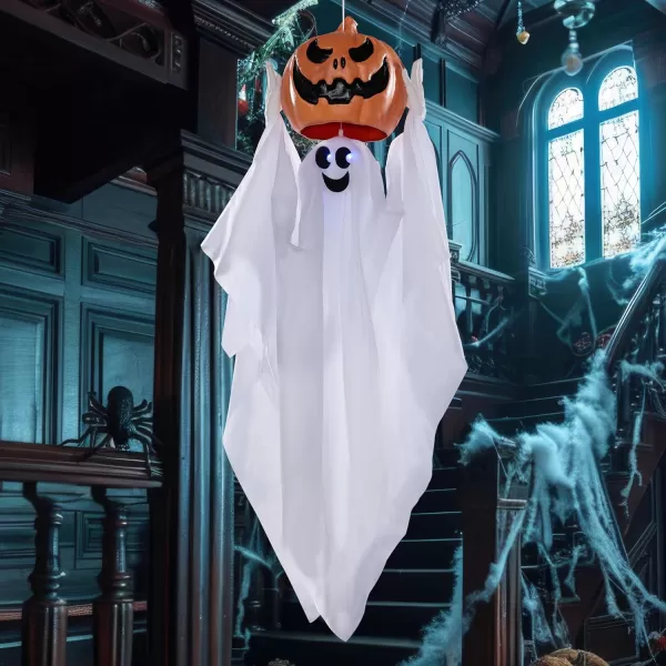 JOYIN 35quot Halloween Decorations Outdoor Hanging Light Up Ghost Hanging HideandSeek Ghost with Blue LED Pumpkin Animated Ghost Sound Activated ampamp Motion Halloween Decor for Yard Lawn Prop Indoor