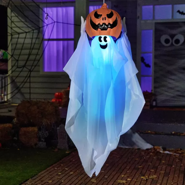 JOYIN 35quot Halloween Decorations Outdoor Hanging Light Up Ghost Hanging HideandSeek Ghost with Blue LED Pumpkin Animated Ghost Sound Activated ampamp Motion Halloween Decor for Yard Lawn Prop Indoor