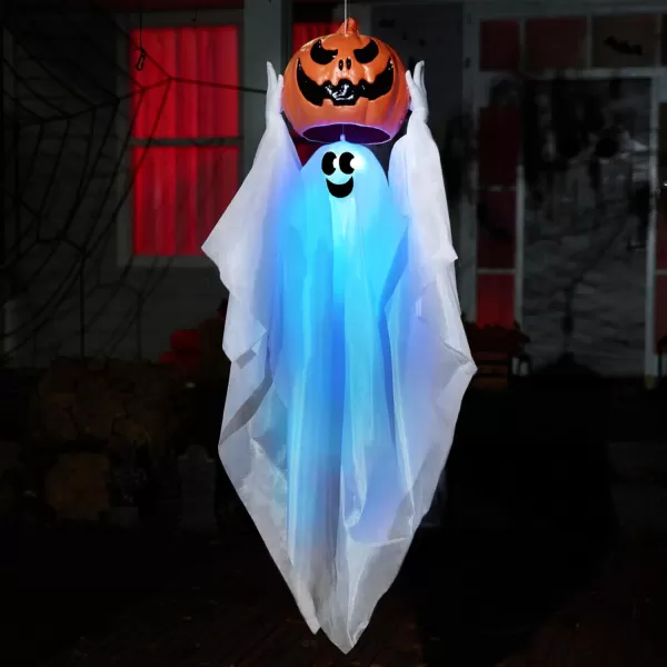 JOYIN 35quot Halloween Decorations Outdoor Hanging Light Up Ghost Hanging HideandSeek Ghost with Blue LED Pumpkin Animated Ghost Sound Activated ampamp Motion Halloween Decor for Yard Lawn Prop Indoor