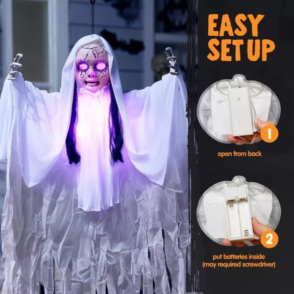 JOYIN 43quot Halloween Hanging Ghost Decoration Halloween Scary Hanging Ghost Girl with Lightup Head for Halloween Outdoor Yard Patio Decoration Halloween Haunted House Decorations