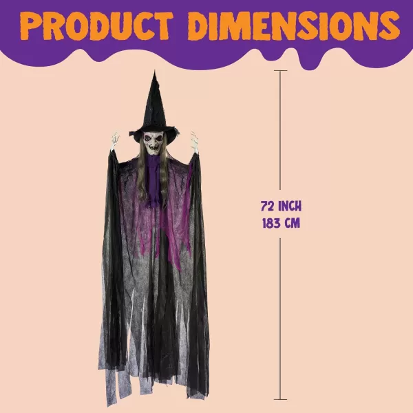 JOYIN 72 Hanging Witch Decor Halloween Decorations Outdoor Flying Witch Life Sized Sound Activated Light Up Eyes Party Supplies Garden Haunted House Front Porch Door Scary ModernOld World