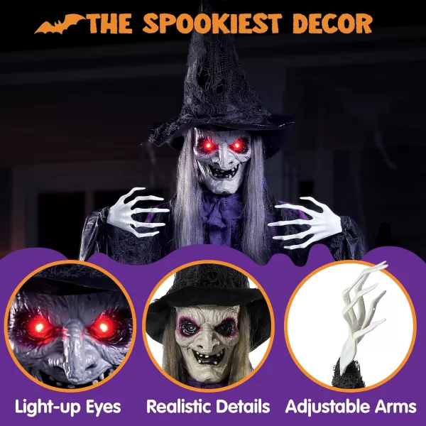 JOYIN 72 Hanging Witch Decor Halloween Decorations Outdoor Flying Witch Life Sized Sound Activated Light Up Eyes Party Supplies Garden Haunted House Front Porch Door Scary ModernOld World