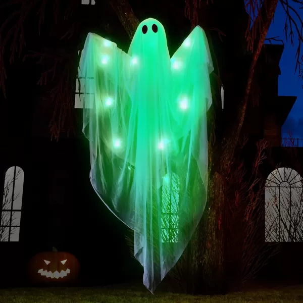 JOYIN Halloween Hanging Light up Ghost with Spooky Green LED Light 47 White Hanging Ghosts Halloween Hanging Decoration for Front Yard Patio Lawn Garden Party Decor Indoor OutdoorGreen Ghost