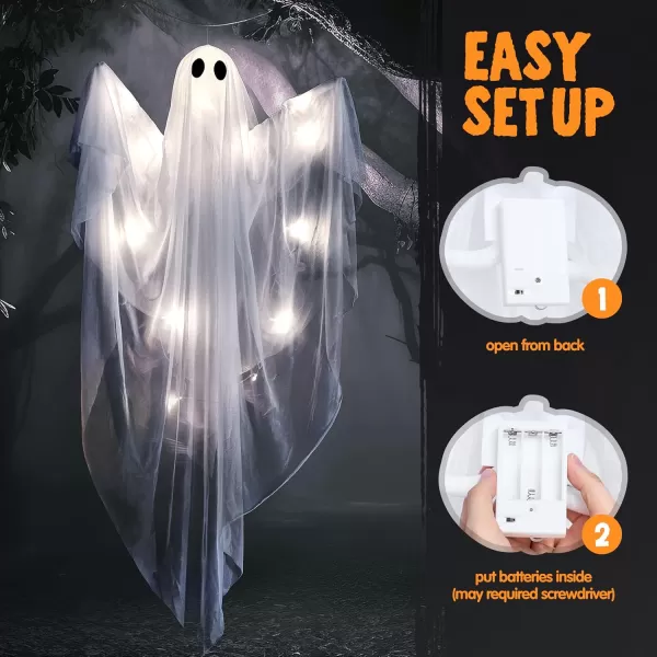 JOYIN Halloween Hanging Light up Ghost with Spooky Green LED Light 47 White Hanging Ghosts Halloween Hanging Decoration for Front Yard Patio Lawn Garden Party Decor Indoor OutdoorWhite Ghost