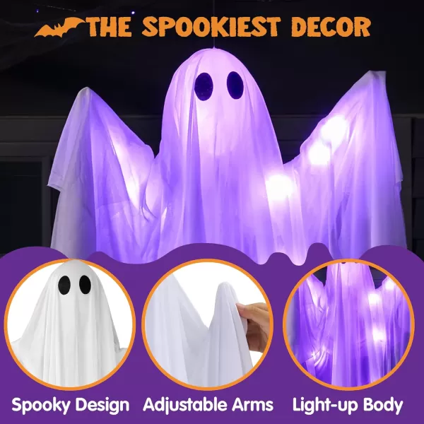 JOYIN Halloween Hanging Light up Ghost with Spooky Green LED Light 47 White Hanging Ghosts Halloween Hanging Decoration for Front Yard Patio Lawn Garden Party Decor Indoor OutdoorPurple Ghost