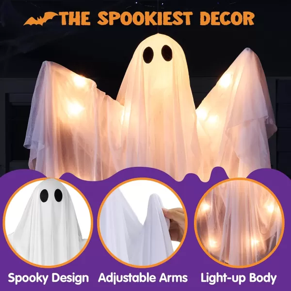 JOYIN Halloween Hanging Light up Ghost with Spooky Green LED Light 47 White Hanging Ghosts Halloween Hanging Decoration for Front Yard Patio Lawn Garden Party Decor Indoor OutdoorWarm White Ghost