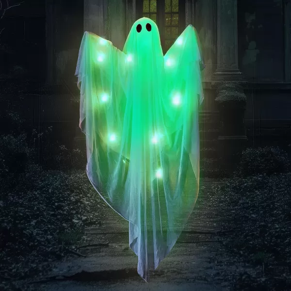 JOYIN Halloween Hanging Light up Ghost with Spooky Green LED Light 47 White Hanging Ghosts Halloween Hanging Decoration for Front Yard Patio Lawn Garden Party Decor Indoor OutdoorGreen Ghost