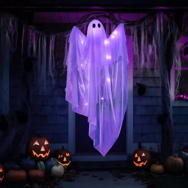 JOYIN Halloween Hanging Light up Ghost with Spooky Green LED Light 47 White Hanging Ghosts Halloween Hanging Decoration for Front Yard Patio Lawn Garden Party Decor Indoor OutdoorPurple Ghost