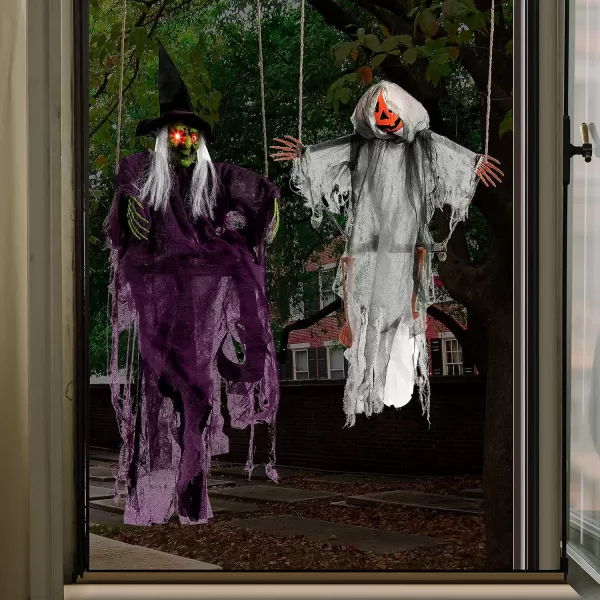 JOYIN Outdoor Halloween Decorations 2 Packs Hanging Ghosts Halloween Decor with Lighted Up Eyes 3ft Scary Grim Reaper Halloween Swinging Skeleton Flying Ghosts for Yard Patio Lawn Garden DcorPumpkin  Witch Ghost