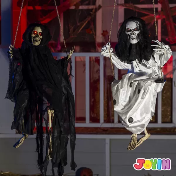 JOYIN Outdoor Halloween Decorations 2 Packs Hanging Ghosts Halloween Decor with Lighted Up Eyes 3ft Scary Grim Reaper Halloween Swinging Skeleton Flying Ghosts for Yard Patio Lawn Garden DcorBlack  White Skeleton
