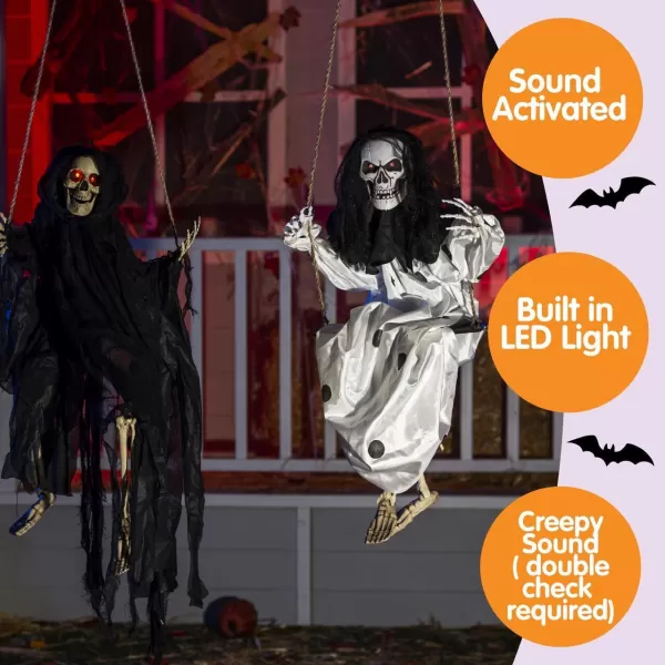 JOYIN Outdoor Halloween Decorations 2 Packs Hanging Ghosts Halloween Decor with Lighted Up Eyes 3ft Scary Grim Reaper Halloween Swinging Skeleton Flying Ghosts for Yard Patio Lawn Garden DcorBlack  White Skeleton