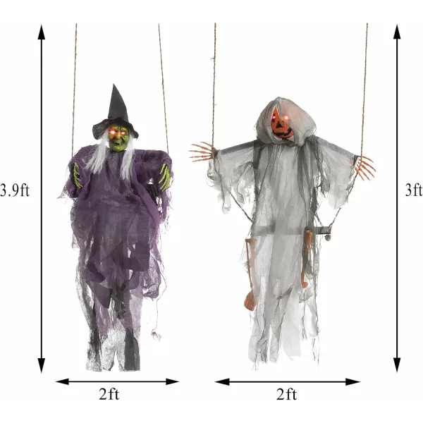 JOYIN Outdoor Halloween Decorations 2 Packs Hanging Ghosts Halloween Decor with Lighted Up Eyes 3ft Scary Grim Reaper Halloween Swinging Skeleton Flying Ghosts for Yard Patio Lawn Garden DcorPumpkin  Witch Ghost