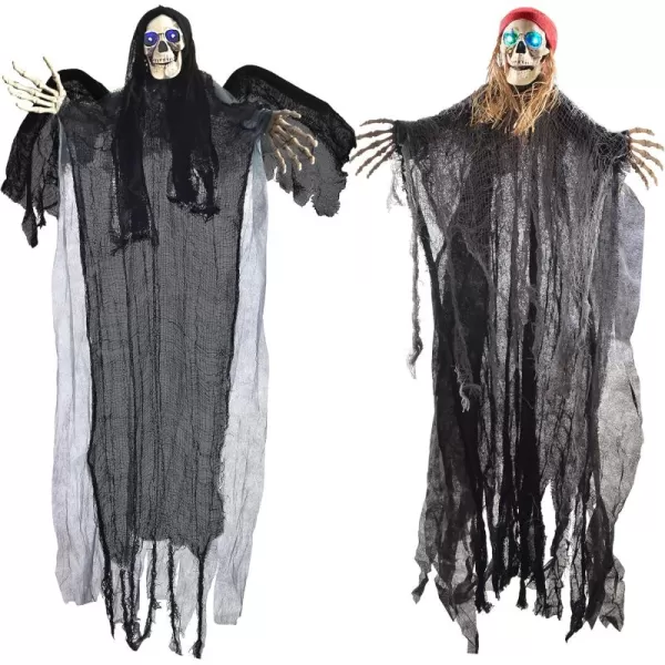 JOYIN 2 Pcs 40quot Halloween Hanging Ghost Decorations Outdoor Halloween Skeleton Ghosts Decor One Flying Grim Reaper and One Skeleton Pirate with LED Flashing Eyes for Halloween Yard Patio Porch Decor