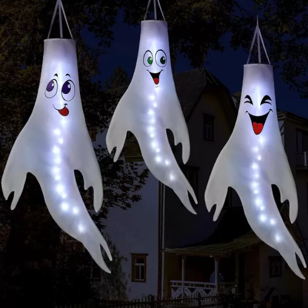 JOYIN 3 Pcs 47 Lighted Ghost Windsock Flag Decor Halloween Decorations Outdoor LED Lights White Hanging Windsocks Halloween Party Supplies Tree Yard Lawn Garden Cute Scary