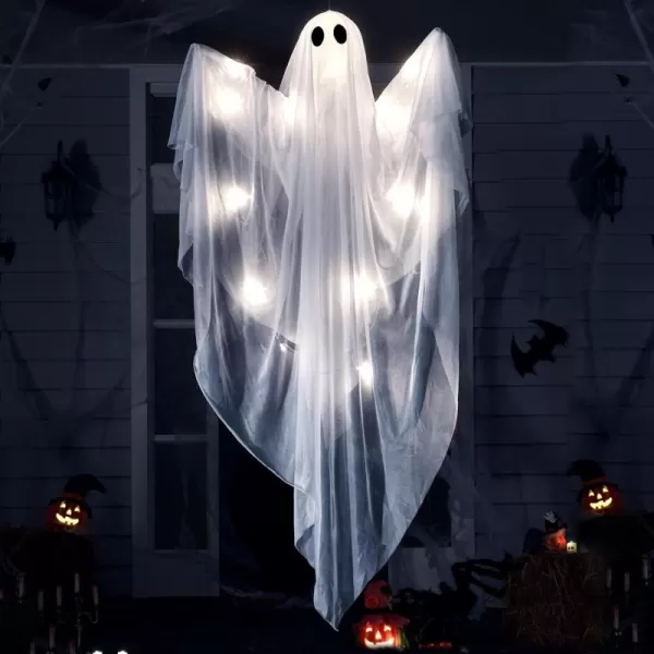 JOYIN Halloween Hanging Light up Ghost with Spooky Green LED Light 47 White Hanging Ghosts Halloween Hanging Decoration for Front Yard Patio Lawn Garden Party Decor Indoor OutdoorWhite Ghost
