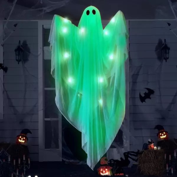 JOYIN Halloween Hanging Light up Ghost with Spooky Green LED Light 47 White Hanging Ghosts Halloween Hanging Decoration for Front Yard Patio Lawn Garden Party Decor Indoor OutdoorGreen Ghost