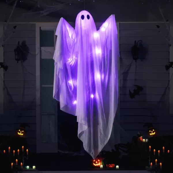 JOYIN Halloween Hanging Light up Ghost with Spooky Green LED Light 47 White Hanging Ghosts Halloween Hanging Decoration for Front Yard Patio Lawn Garden Party Decor Indoor OutdoorPurple Ghost