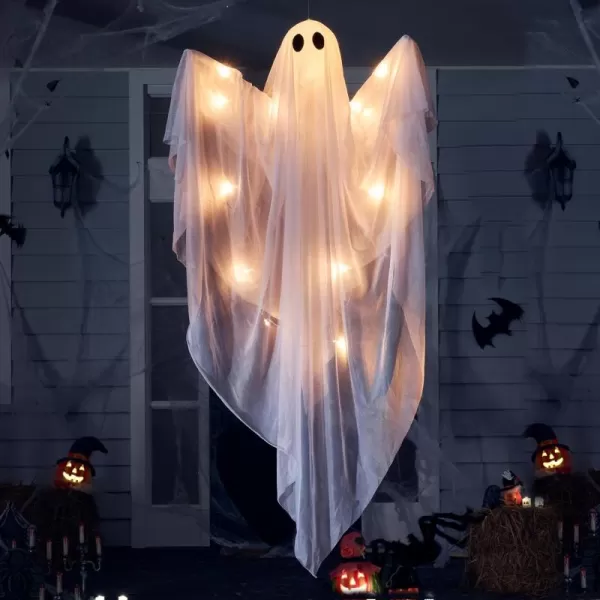 JOYIN Halloween Hanging Light up Ghost with Spooky Green LED Light 47 White Hanging Ghosts Halloween Hanging Decoration for Front Yard Patio Lawn Garden Party Decor Indoor OutdoorWarm White Ghost